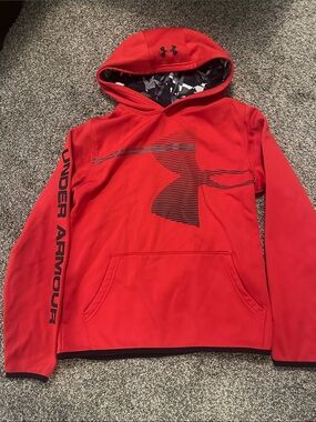 Under Armour Red Hoodie with Black Logo and Sleeve Text
